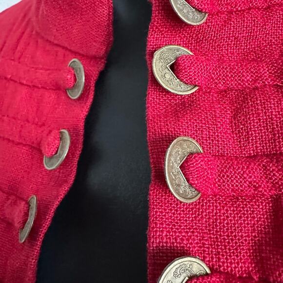 Peacock Ways Lagenlook Red Ramie Band Jacket M – Crescent Toggles, Black Cuffs - Picture 4 of 8